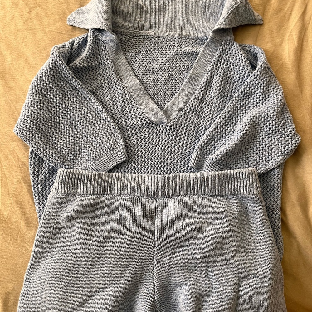 Elegant V-Neck light Blue Sweater Set